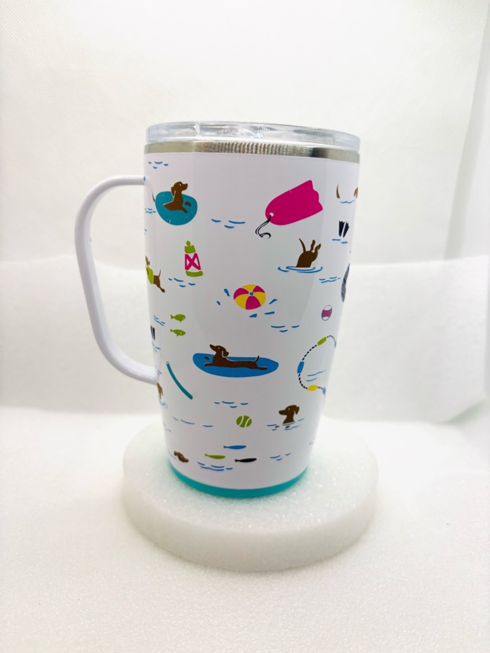 White Stainless Travel Mug with Colorful Pool Dog Print